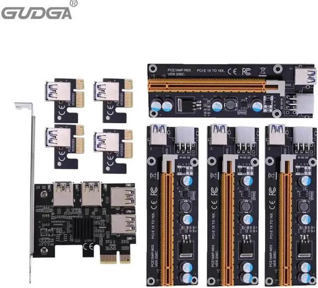 Main image of 4 Port USB3.0 Riser Card Gold PCI-E 1 to 4 PCI Express 16X Slot External Adapter PCIe Multiplier Card+ 4pcs 6pin molex Riser set