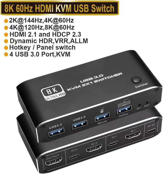 Main image of 4K 120Hz HDMI USB 3.0 KVM Switch HDMI 2.1 KVM Switch USB 8K 60Hz 1080@240Hz USB KVM Switcher HDMI with USB 3.0 Port PC