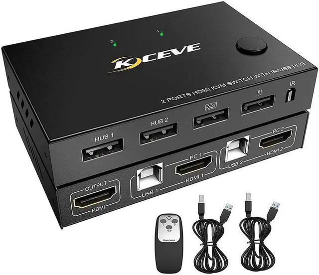 Alt view image 3 of 7 - 2 Ports HDMI KVM Switch, KVM Switch HDMI 2 Port USB 2.0 Switcher Box 2 in 1 Out HDMI Switch for 2 Computers Share Keyboard and Mouse Support 4K @30Hz, with Remote Control and 2 USB 2.0 Cable