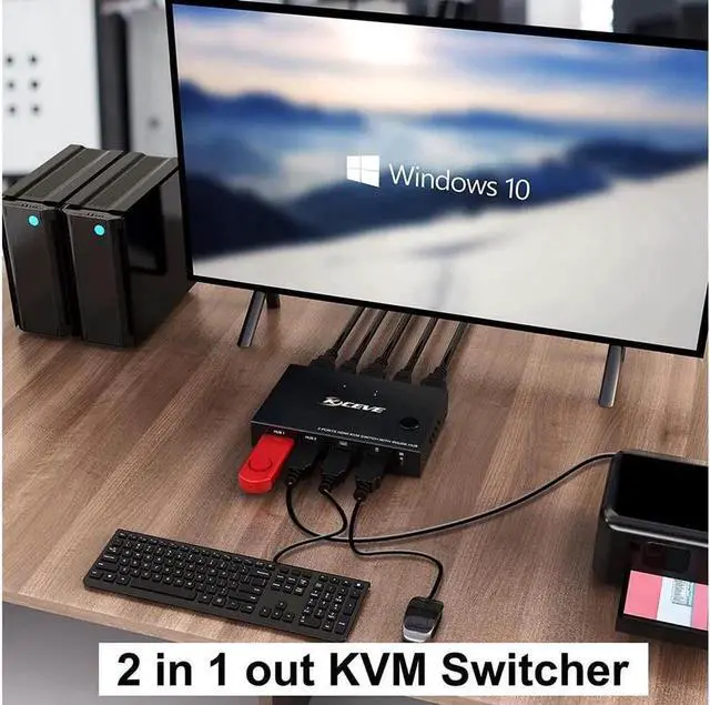 Alt view image 7 of 7 - 2 Ports HDMI KVM Switch, KVM Switch HDMI 2 Port USB 2.0 Switcher Box 2 in 1 Out HDMI Switch for 2 Computers Share Keyboard and Mouse Support 4K @30Hz, with Remote Control and 2 USB 2.0 Cable