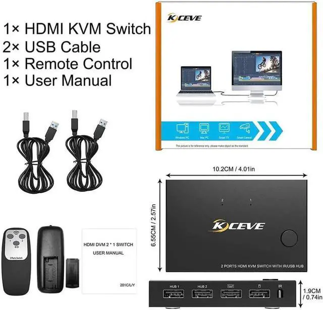 Main image of 2 Ports HDMI KVM Switch, KVM Switch HDMI 2 Port USB 2.0 Switcher Box 2 in 1 Out HDMI Switch for 2 Computers Share Keyboard and Mouse Support 4K @30Hz, with Remote Control and 2 USB 2.0 Cable