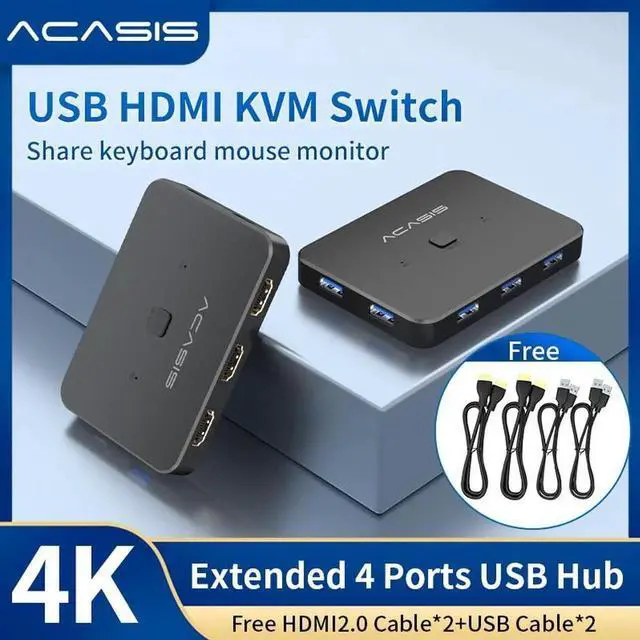 Main image of ACASIS USB HDMI KVM Switch 2 in 1 out 4K@60Hz HDMI Switcher Extended 4 Ports USB3.0 Hub with HDMI 2.0 Cables for Computer Laptop