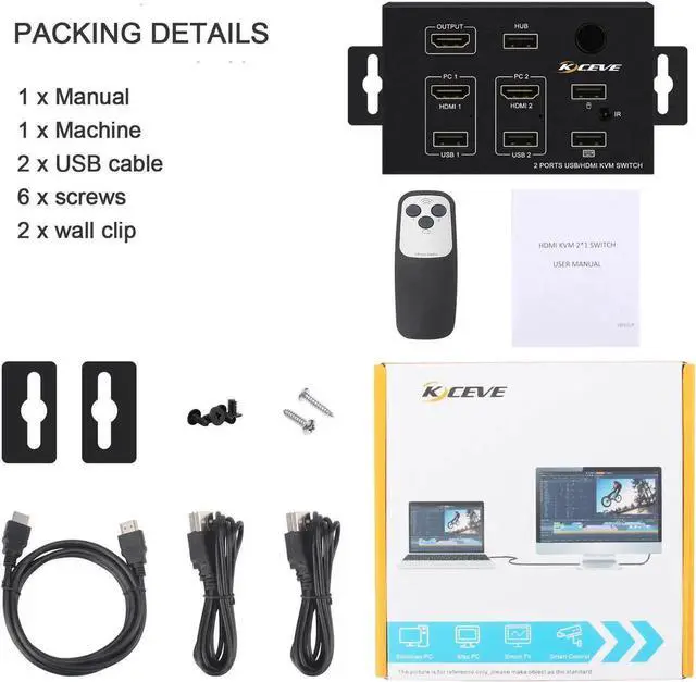 Alt view image 3 of 5 - Wall-Mounted 2 In 1 Out USB HD KVM Switch Box for 2PC Sharing Keyboard Mouse Printer Plug Paly Video Display USB Swltch Splitter