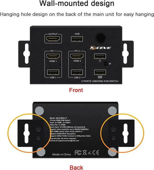 Main image of Wall-Mounted 2 In 1 Out USB HD KVM Switch Box for 2PC Sharing Keyboard Mouse Printer Plug Paly Video Display USB Swltch Splitter