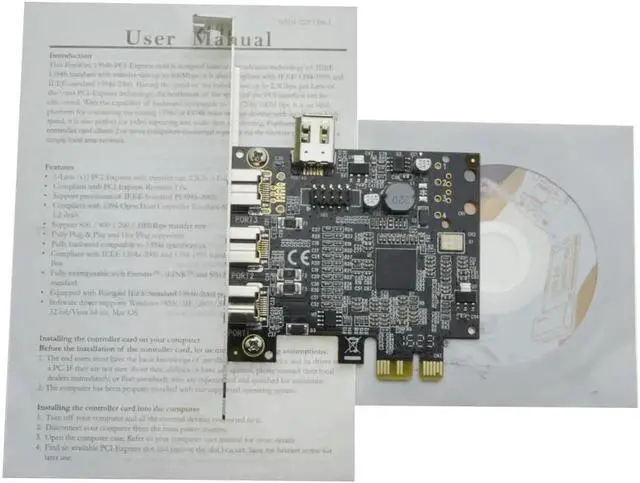 Alt view image 3 of 6 - 3 ports 1394B + 1 shared 6Pin 1394A PCI-e Controller card PCIe to external Firewire 800 IEEE 1394b Port