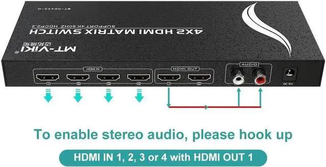 Alt view image 3 of 7 - HDMI Matrix 4x2, MT-VIKI HDMI Matrix Switch 4 in 2 out Splitter with 3.5mm Stereo L/R RCA Audio & IR Remote Control