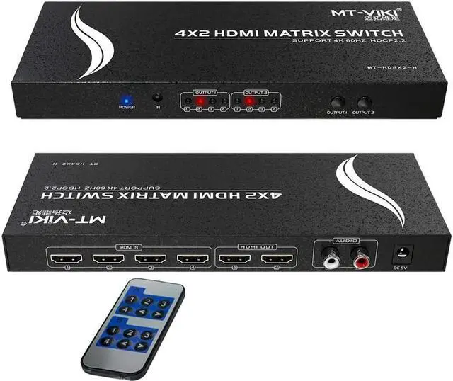 Main image of HDMI Matrix 4x2, MT-VIKI HDMI Matrix Switch 4 in 2 out Splitter with 3.5mm Stereo L/R RCA Audio & IR Remote Control