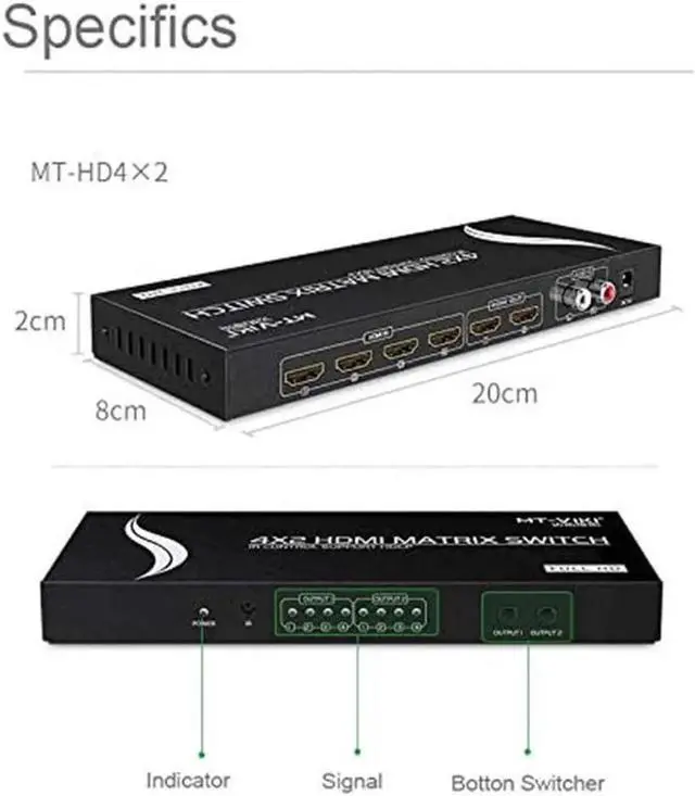 Alt view image 5 of 7 - HDMI Matrix 4x2, MT-VIKI HDMI Matrix Switch 4 in 2 out Splitter with 3.5mm Stereo L/R RCA Audio & IR Remote Control