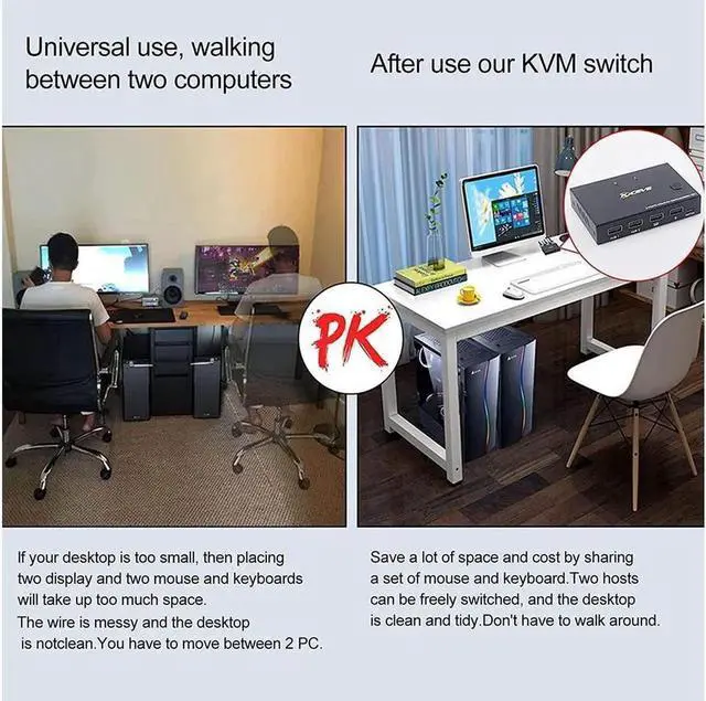 Alt view image 5 of 7 - HDMI KVM Switch, DP+HDMI 2 Port KVM Switch, HDMI and Displayport USB Switch for 2 Computers Share One Set Keyboard Mouse Printer and One Monitor, 4K @30Hz with DP to HDMI Function