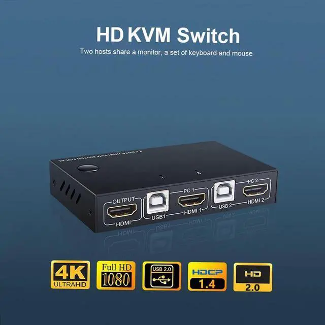 Alt view image 2 of 6 - AM-KM201 HDMI KVM Switcher 4K 2 in 1 out KVM Switcher Keyboard Mouse USB Shared Display Synchronization Controller
