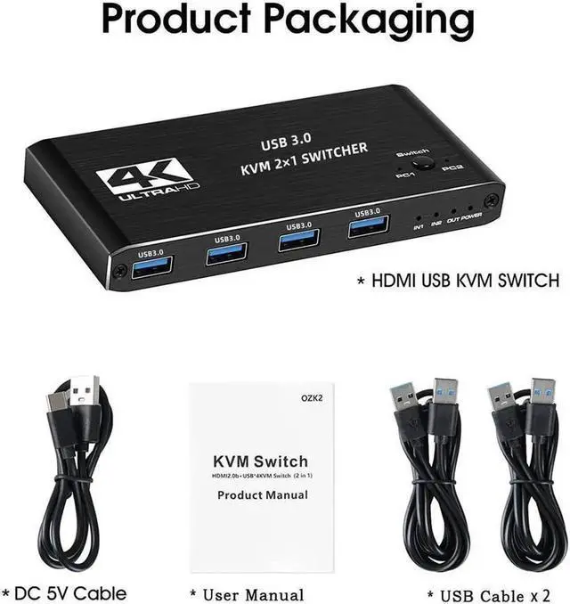 Alt view image 6 of 7 - 4K@60 USB KVM Switch USB 3.0 Switcher HDMI KVM Switch 2 In 1 Out for 2 PC Sharing Keyboard and Mouse EDID / HDCP Printer