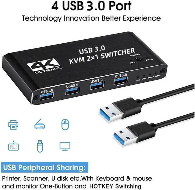 Alt view image 4 of 7 - 4K@60 USB KVM Switch USB 3.0 Switcher HDMI KVM Switch 2 In 1 Out for 2 PC Sharing Keyboard and Mouse EDID / HDCP Printer