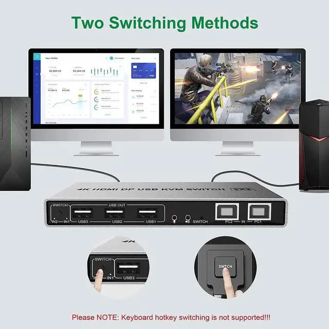 Alt view image 3 of 6 - Dual Monitor DisplayPort HDMI KVM Switch 2x2 4K@60Hz 2-Port Extended Display 2 in 2 Out DP HDMI KVM Switch 2 Monitors 2 Computer