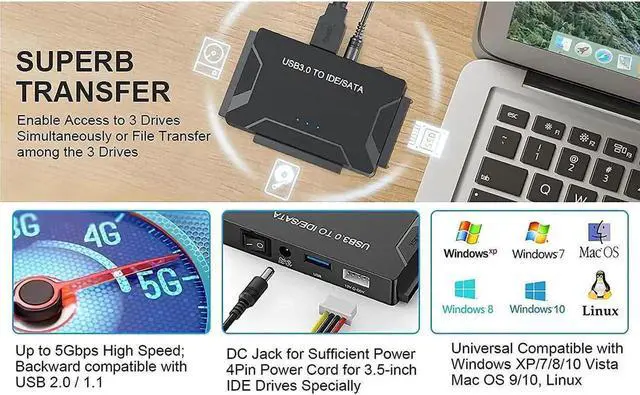 Alt view image 2 of 7 - USB 3.0 to IDE/SATA Hard Drive Adapter, SATA IDE to USB 3.0 External Converter for 2.5" 3.5" IDE SATA HDD SSD DVD Optical Drive, Universal Hard Drive Reader w/12V 2A Power Supply Support 6TB