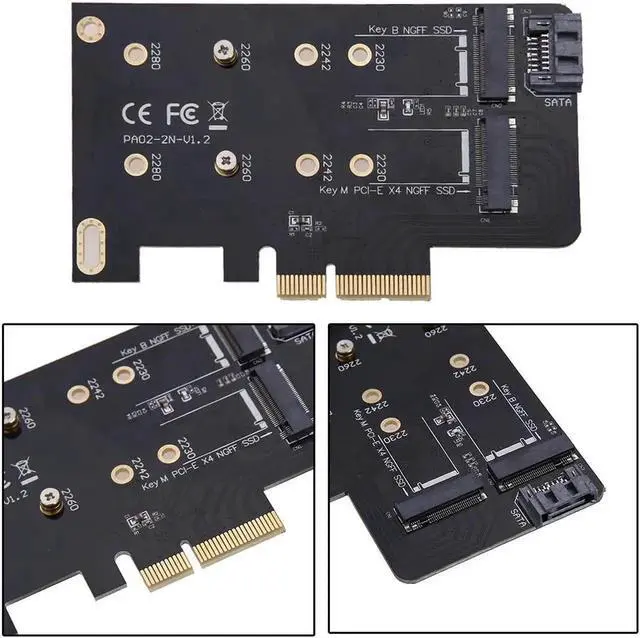Alt view image 3 of 6 - 2 Slots Adapter Card M key M.2 NGFF SSD to PCI-E X4 Adapter and B key M.2 NGFF SSD to SATA Adapter with 2pcs Metal Sheet