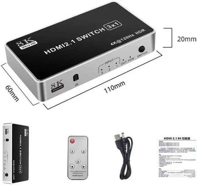 Alt view image 3 of 7 - 3 Ports 8K HDMI Switcher 3 In 1 Out HDMI 2.1 Version 240HZ Ultra-high Refresh Rate 3-port Switch