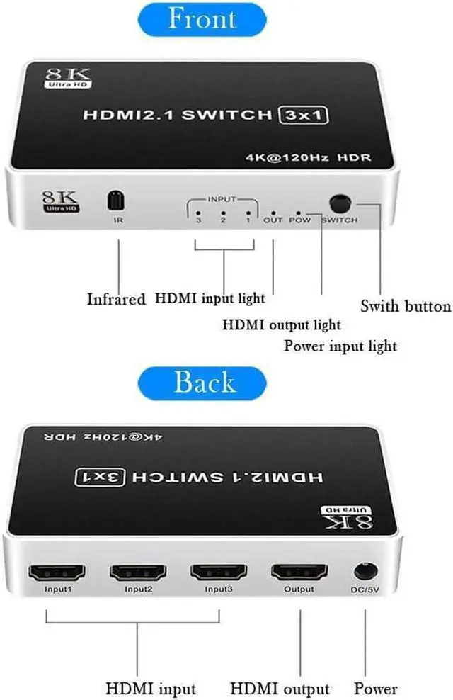 Alt view image 7 of 7 - 3 Ports 8K HDMI Switcher 3 In 1 Out HDMI 2.1 Version 240HZ Ultra-high Refresh Rate 3-port Switch