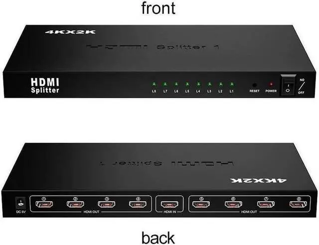Alt view image 5 of 7 - 1 in 8 Out 4K HDMI Splitter 1x8 Ports Video Box Supports Full Ultra HD 4K/2K@ 30Hz 1080p and 3D Resolutions for PC Blu-Ray Player HDTV