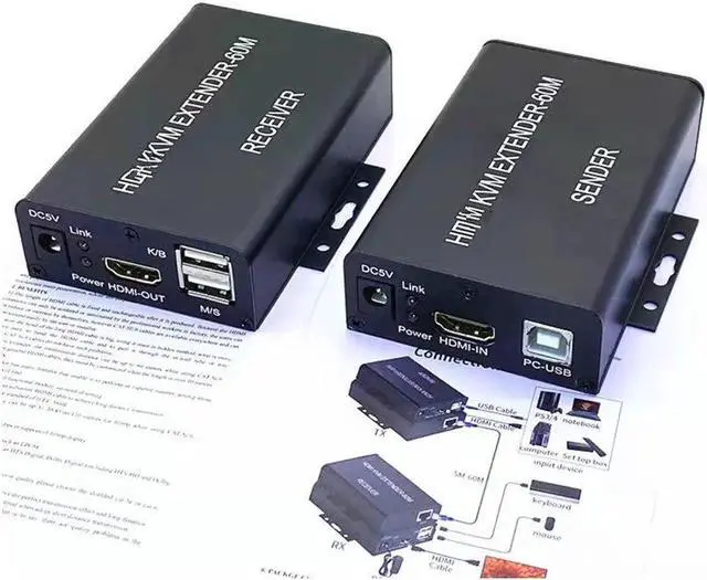Alt view image 4 of 5 - HDMI-compatible KVM extender 60M USB MouseOver cat5/6 ethernet cableCAT5/6 HDMI-compatible USB KVM ExtenderAudioConverter