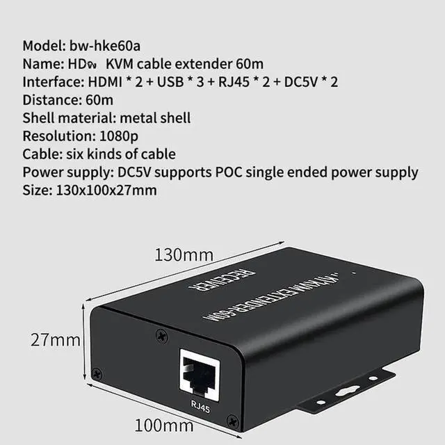 Alt view image 3 of 5 - HDMI-compatible KVM extender 60M USB MouseOver cat5/6 ethernet cableCAT5/6 HDMI-compatible USB KVM ExtenderAudioConverter