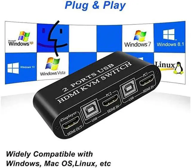 Alt view image 6 of 6 - KVM Switch 2 Port Box Share 2 PCs with One Monitor 4K@30Hz with USB2.0 Support Keyboard and Mouse Connections