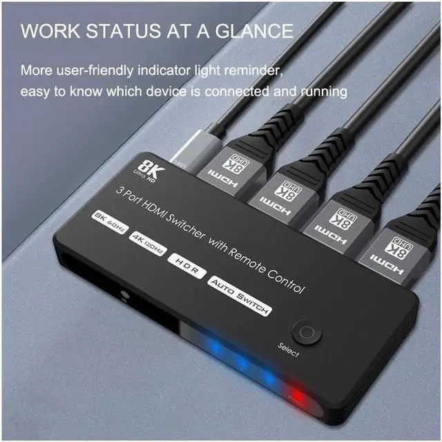 Alt view image 4 of 7 - 3 Port HDMI Switcher 3 In 1 Out 8K HDMI Switch 8K@60Hz 4K@120Hz 3D with Remote Control