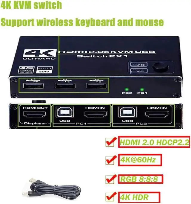 Alt view image 2 of 6 - HDMI2.0 KVM Switch 2 Port 4K @ 60Hz USB Switch KVM Switcher Splitter Box for Sharing Printer Keyboard Mouse KVM Switch