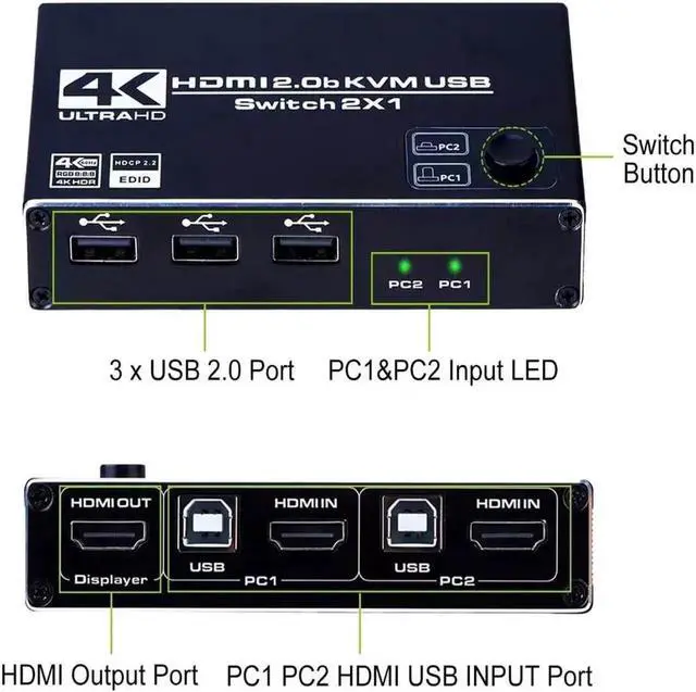 Alt view image 4 of 6 - HDMI2.0 KVM Switch 2 Port 4K @ 60Hz USB Switch KVM Switcher Splitter Box for Sharing Printer Keyboard Mouse KVM Switch
