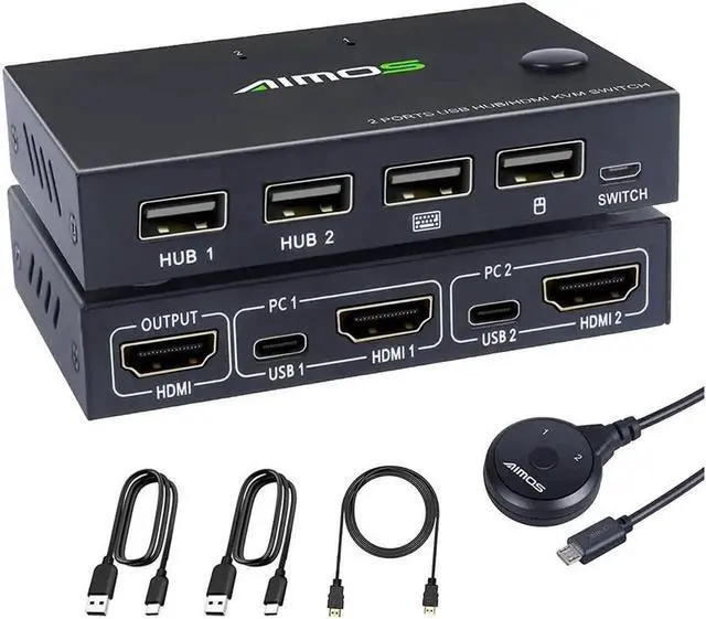 Main image of 2 Port HDMI KVM Switch For 2 PCs, USB KVM Switch 4K HDMI Switcher Box 2 In 1 Out For 2 Computers Share Keyboard And Mouse Support 4K@30Hz, With 2 HUB Ports KVM Switcher Box