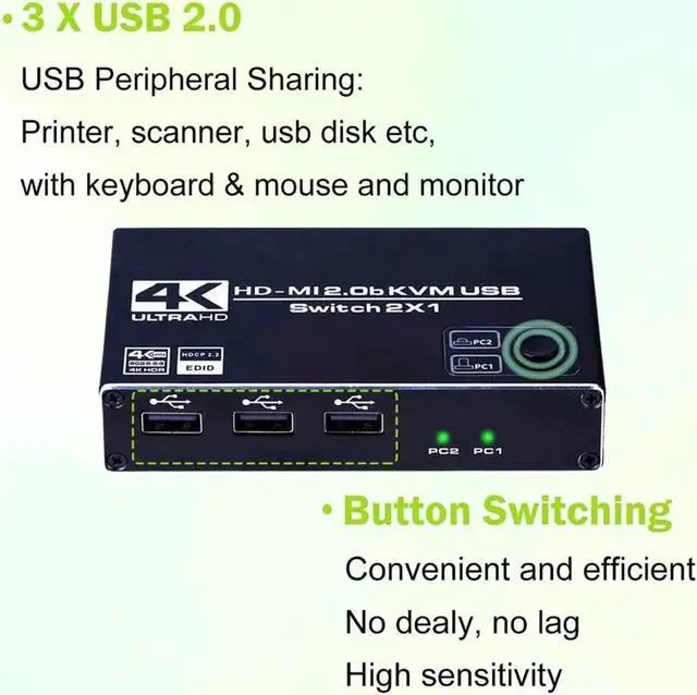 Alt view image 3 of 6 - Switch 4K@60Hz USB Switch KVM Switcher HD-MI2.0 Splitter Box for Sharing Keyboard Mouse Printer Monitoring 2 In 1 Out Switch