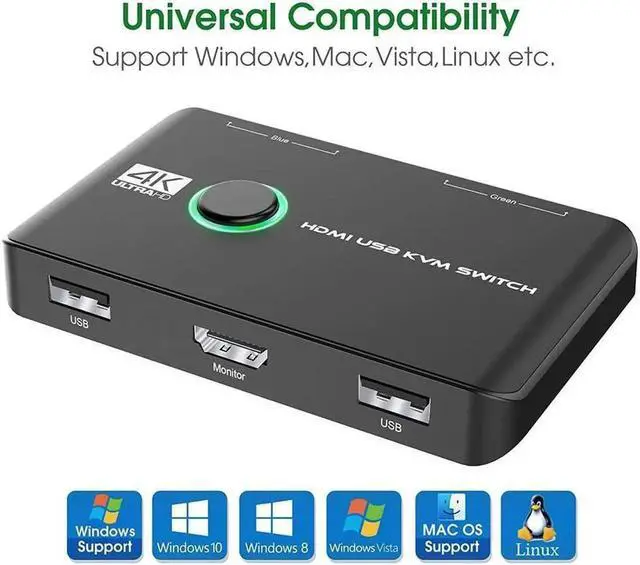 Alt view image 6 of 7 - 4K HDMI USB KVM Switch, 2 Ports HDMI USB KVM Switch Box for 2 Computers Sharing One HD Monitor and Keyboard Mouse, Support 4K @60Hz,2 HD-MI Cables and 2 USB Cables Included