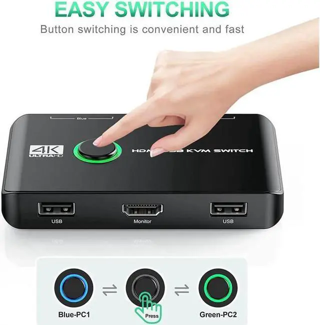 Alt view image 7 of 7 - 4K HDMI USB KVM Switch, 2 Ports HDMI USB KVM Switch Box for 2 Computers Sharing One HD Monitor and Keyboard Mouse, Support 4K @60Hz,2 HD-MI Cables and 2 USB Cables Included