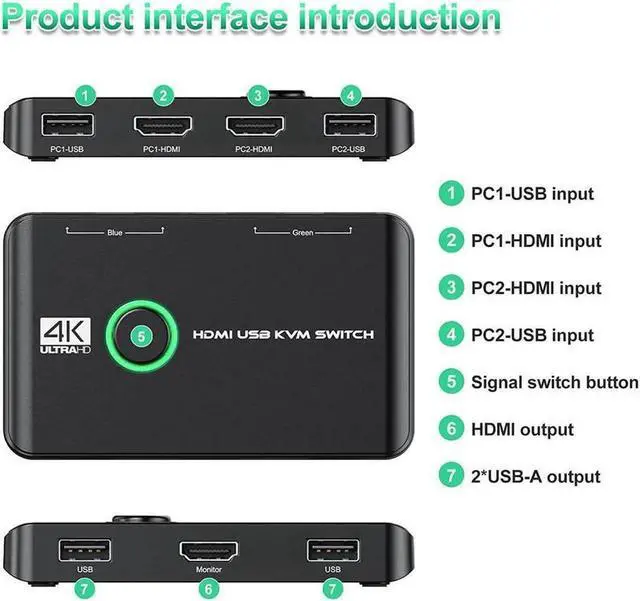Alt view image 5 of 7 - 4K HDMI USB KVM Switch, 2 Ports HDMI USB KVM Switch Box for 2 Computers Sharing One HD Monitor and Keyboard Mouse, Support 4K @60Hz,2 HD-MI Cables and 2 USB Cables Included