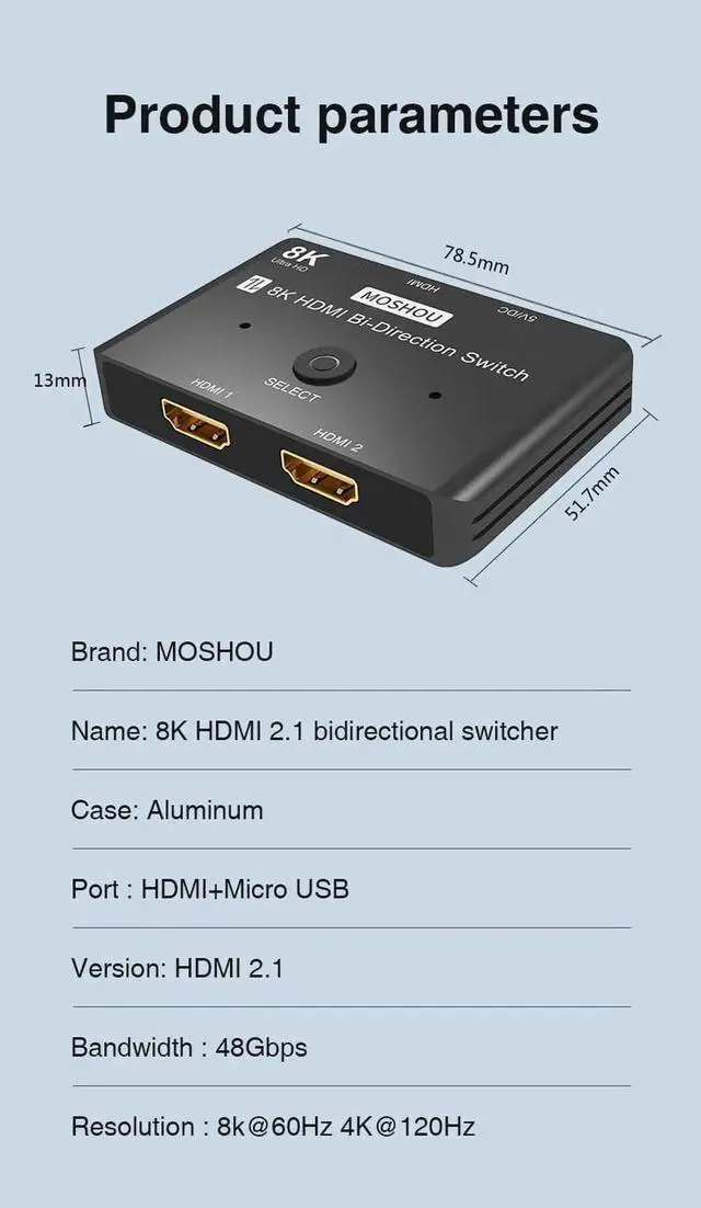 Alt view image 5 of 5 - 8K Bi-Direction HDMI 2.1 Splitter Switch 2 in1 Out / 1 in 2 out 4K@120Hz Ultra HDR for Computer laptop Adapters Hub Switcher