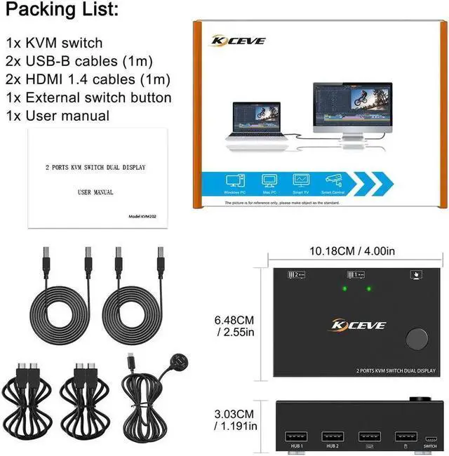 Alt view image 3 of 6 - HDMI 60Hz KVM 2 In 2 Out Dual Monitor Switcher Controls 2 Computers Or Laptop Monitors Dual Input Display No Driver Required