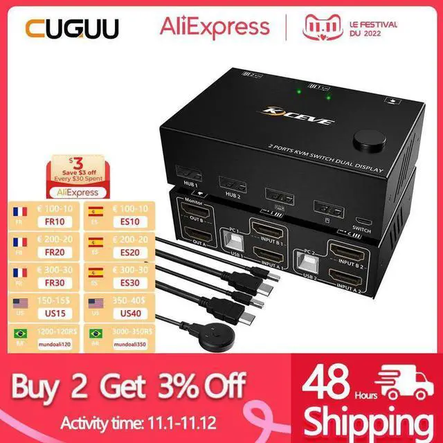 Main image of HDMI 60Hz KVM 2 In 2 Out Dual Monitor Switcher Controls 2 Computers Or Laptop Monitors Dual Input Display No Driver Required