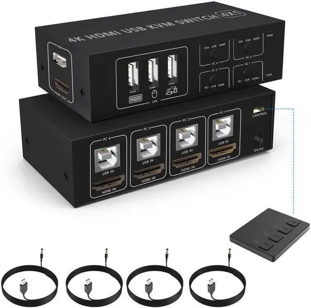 Main image of 4x1 HDMI USB KVM Switch 4 Port, 4K@60Hz HDMI 4 in 1 Out KVM USB Switch One-Button Switch 4 Computers Share Keyboard Mouse Printer Monitor with 4x USB Cable,1x Controller,1x Power Cable