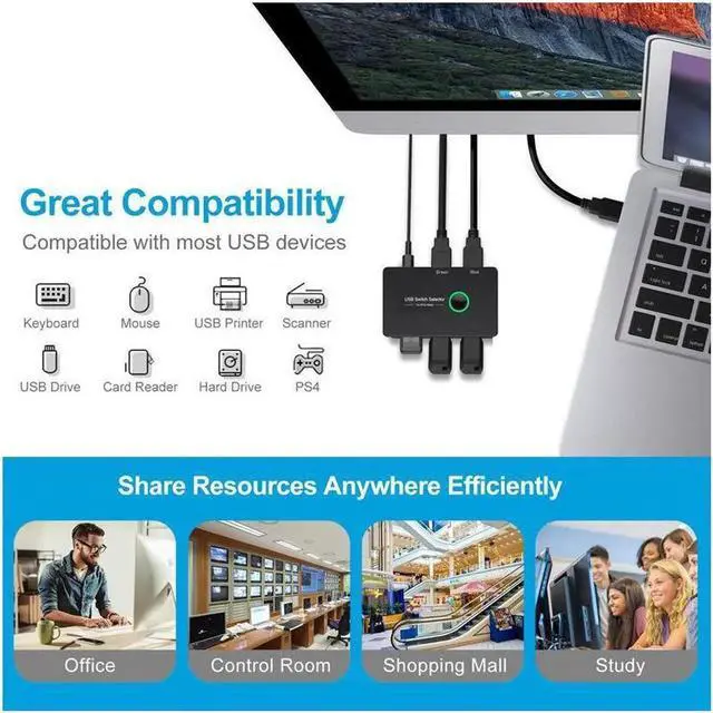 Alt view image 4 of 7 - USB KVM Switch Selector Box USB 3.0 2.0 Switcher 2 Port PCs Sharing 4 Devices for Keyboard Mouse Printer Monitor with 2 USB Cable