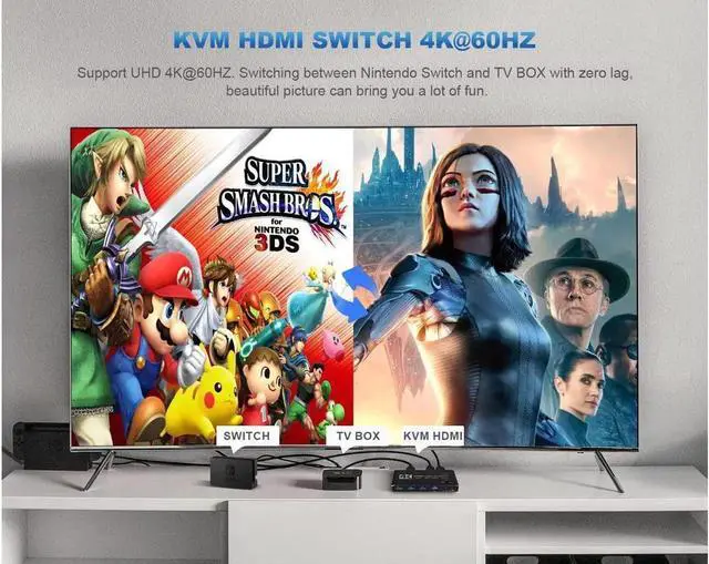 Alt view image 3 of 7 - 2 Port KVM Switch HDMI Box, 2 in 1 Out USB HDMI Switch 4K @60Hz with HDMI 2.0 cables and USB 3.0 cables , Supports two PCs Shared with One set Monitor Keyboard and Mouse