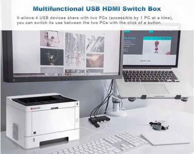 Alt view image 2 of 7 - 2 Port KVM Switch HDMI Box, 2 in 1 Out USB HDMI Switch 4K @60Hz with HDMI 2.0 cables and USB 3.0 cables , Supports two PCs Shared with One set Monitor Keyboard and Mouse