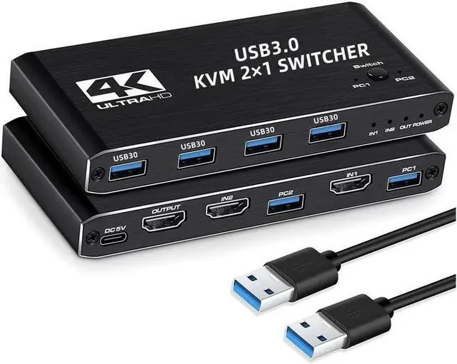 Alt view image 6 of 7 - 2 Port KVM Switch HDMI Box, 2 in 1 Out USB HDMI Switch 4K @60Hz with HDMI 2.0 cables and USB 3.0 cables , Supports two PCs Shared with One set Monitor Keyboard and Mouse