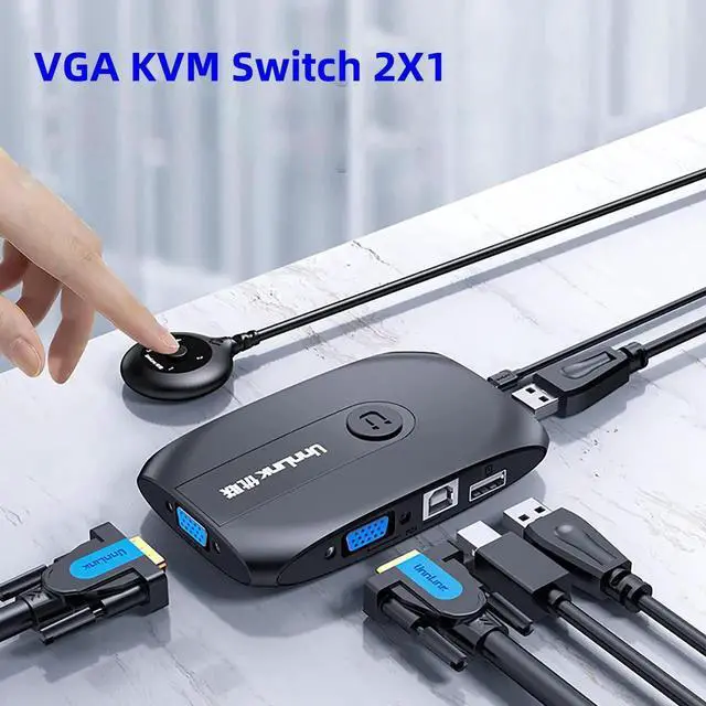 Main image of KVM Switch 2X1 1080P Switcher with Extender 2 Computer Laptop Share 1 Monitor 3 USB 2.0 Mouse Keyboard Printer Udisk