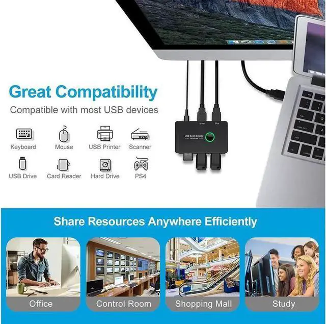 Alt view image 7 of 7 - USB 3.0 Switch Selector, USB3.0 2 in 4 Out for 2 Computers Share 4 Port USB KVM Switcher Hub for PC Mouse Keyboard Printer Scanner Compatible with Windows, MacOS