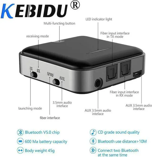 Alt view image 6 of 6 - CSR8675 Bluetooth 5.0 Transmitter Receiver Digital Optical Toslink APTX HD Adapter 3.5mm/SPDIF for TV Speaker Earphone