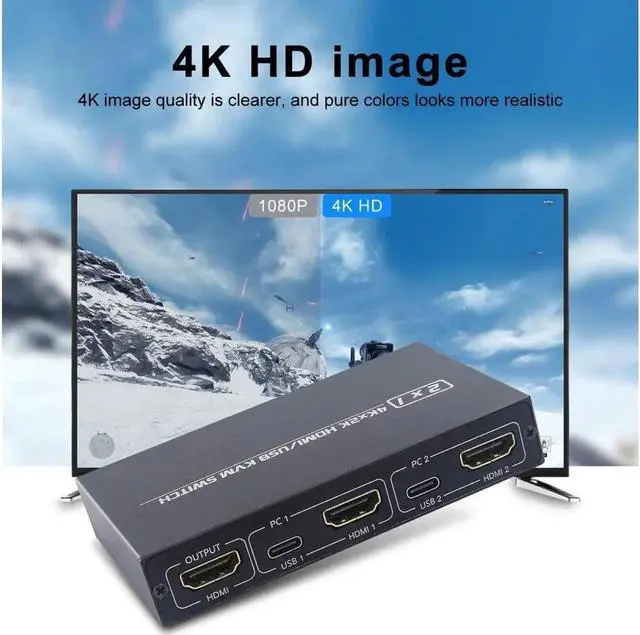 Alt view image 5 of 7 - 2 Ports HDMI KVM Switch Box, USB and HDMI Switch for 2 Computers Share 4 USB 2.0 Devices and one HD Monitor KVM Switcher Support 4K@30Hz for Laptop, PS3/PS4, Xbox, Sony Bluray Player