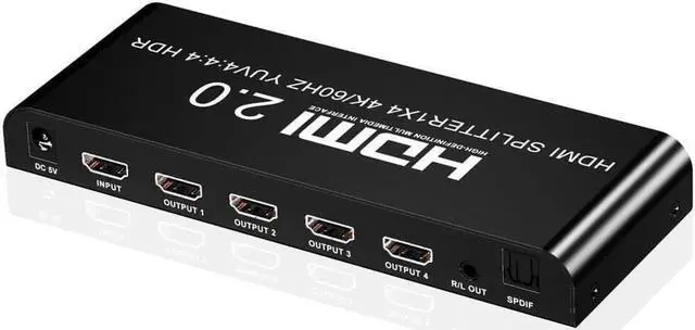 Main image of 4K@60fs HDMI Splitter 1x4 HDMI 2.0 Splitter 4 Display (Same Time) 3.5mm Audio Output Optical SPDIF Toslink with Power Supply for HDTV Blu-ray DVD HD-DVD Players PS3 PS4 XBOX PC laptop