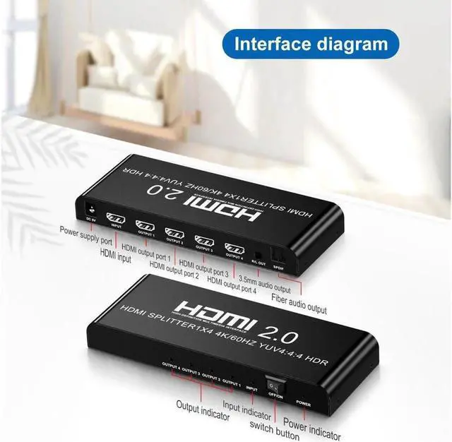 Alt view image 5 of 7 - 4K@60fs HDMI Splitter 1x4 HDMI 2.0 Splitter 4 Display (Same Time) 3.5mm Audio Output Optical SPDIF Toslink with Power Supply for HDTV Blu-ray DVD HD-DVD Players PS3 PS4 XBOX PC laptop