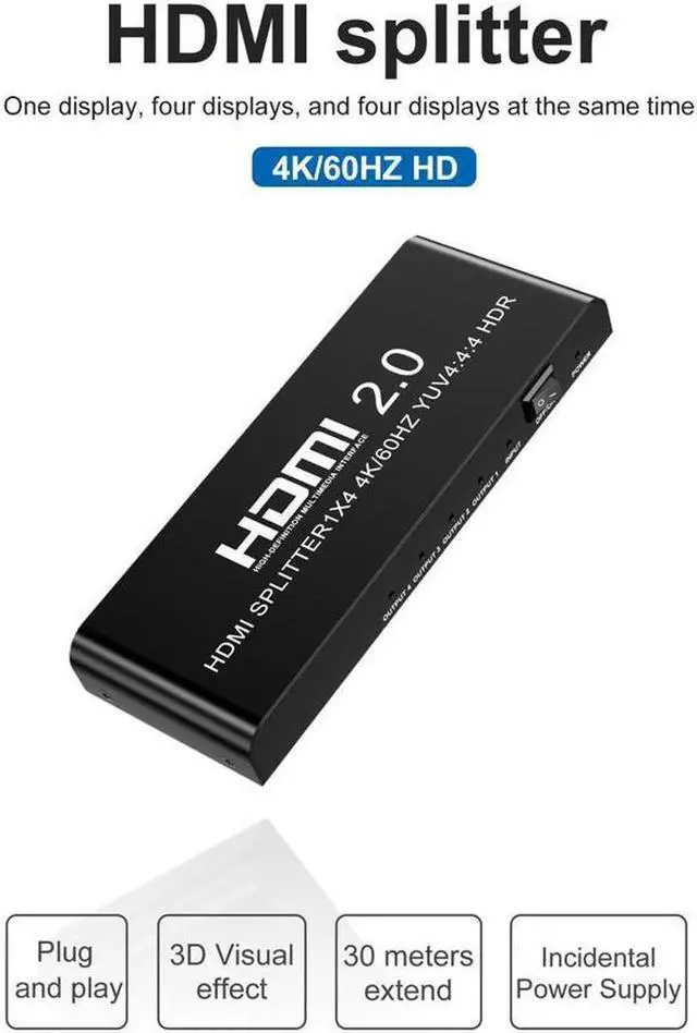 Alt view image 7 of 7 - 4K@60fs HDMI Splitter 1x4 HDMI 2.0 Splitter 4 Display (Same Time) 3.5mm Audio Output Optical SPDIF Toslink with Power Supply for HDTV Blu-ray DVD HD-DVD Players PS3 PS4 XBOX PC laptop
