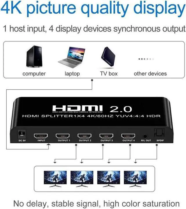 Alt view image 4 of 7 - 4K@60fs HDMI Splitter 1x4 HDMI 2.0 Splitter 4 Display (Same Time) 3.5mm Audio Output Optical SPDIF Toslink with Power Supply for HDTV Blu-ray DVD HD-DVD Players PS3 PS4 XBOX PC laptop