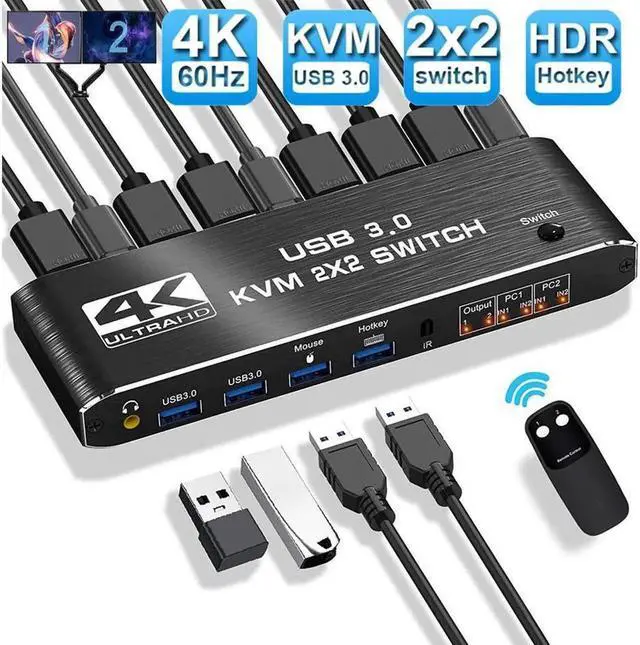 Main image of 2 Port HDMI KVM Switch 2 Monitors 2 Computers 4K @60Hz, Dual Monitor HDMI KVM Switch, USB 3.0 KVM Switch 2 in 2 Out with USB Cables, Support USB 3.0, HDCP2.2, Hotkey,Extended And Mirror Display